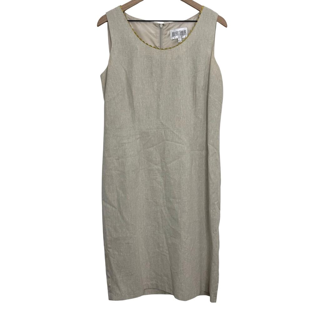 Julian Taylor Beige Gold Scallop Trim Linen Sheath Dress Size 12